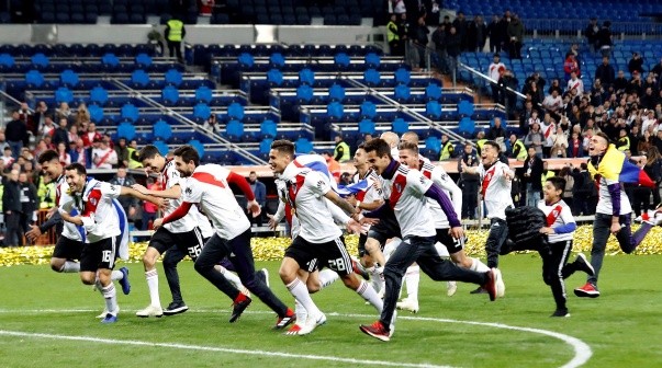 El festejo de River tras ganarle la final de la Copa Libertadores en Madrid a Boca