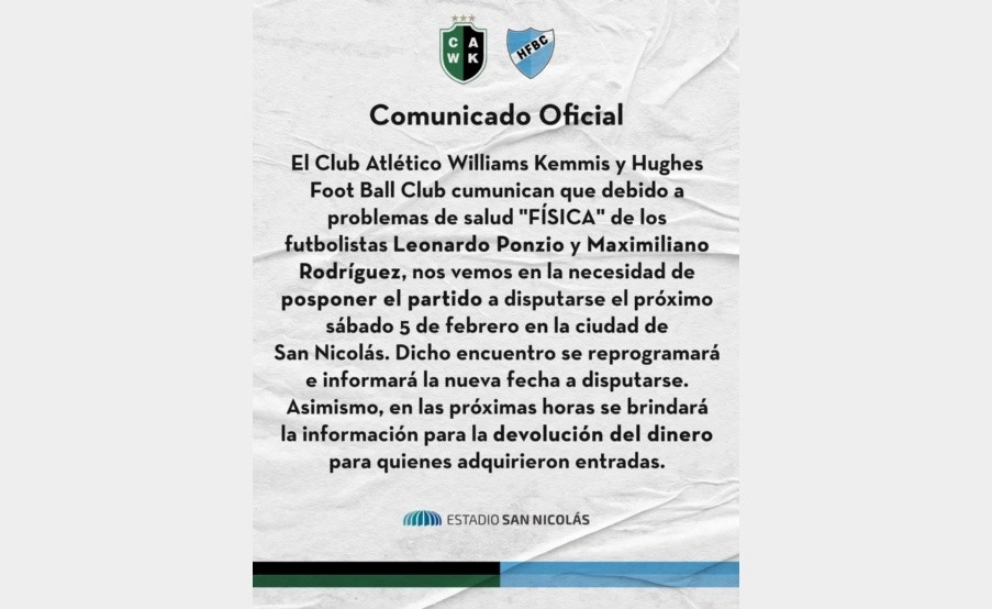 Comunicado oficial de la suspensión del encuentro amistoso(Club Williams Kemmis)