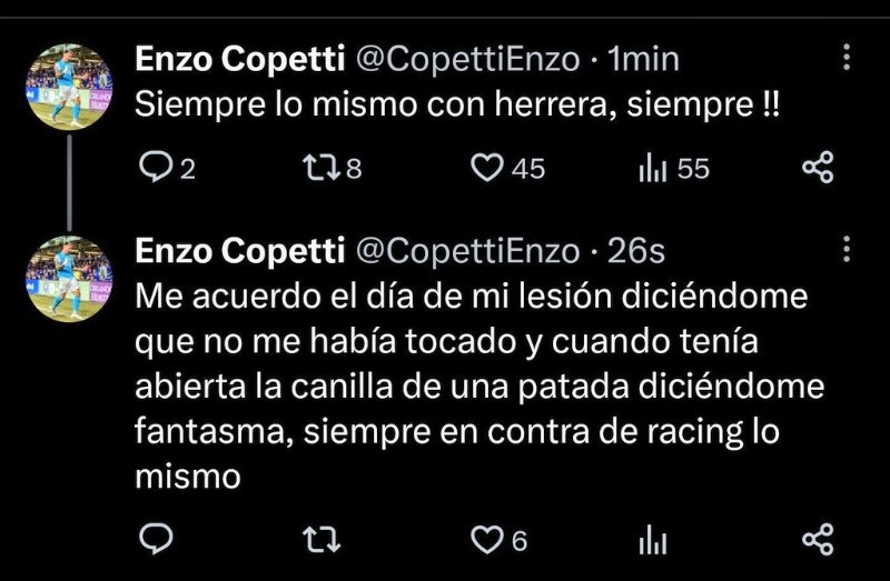 El descargo público de Enzo Copetti con Darío Herrera El descargo público de Enzo Copetti con Darío Herrera