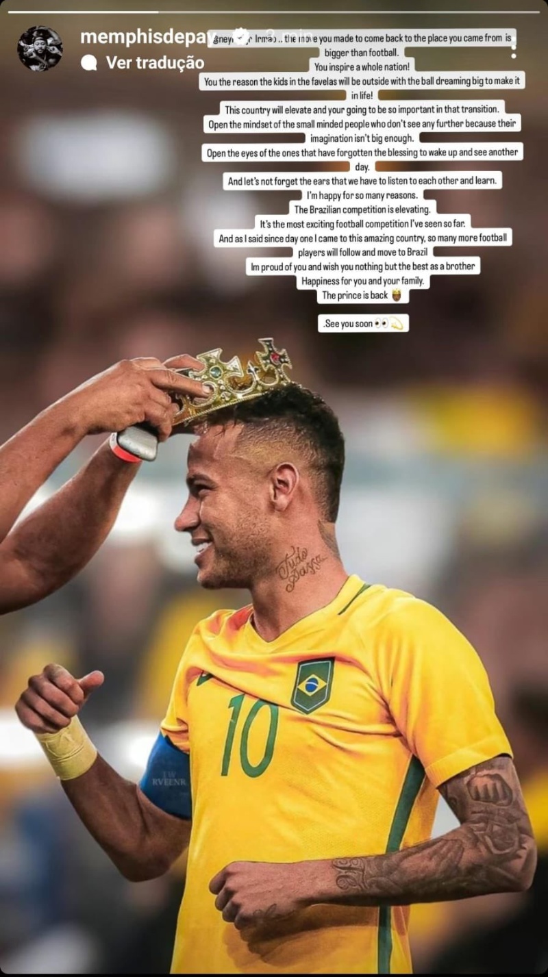 Memphis le dedicó a Neymar un sentido mensaje por su vuelta al Santos.&nbsp;