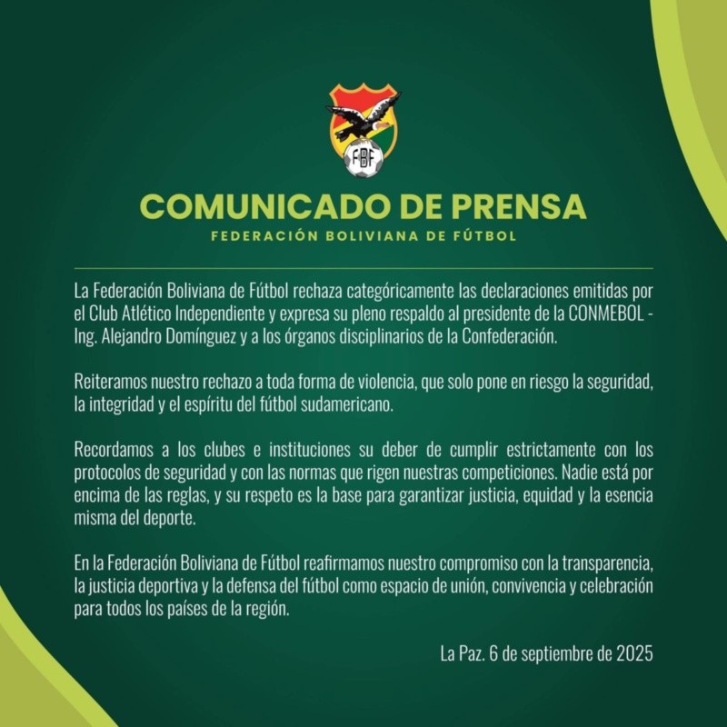 Bolivia repudió el descargo de Independiente a Conmebol Bolivia repudió el descargo de Independiente a Conmebol
