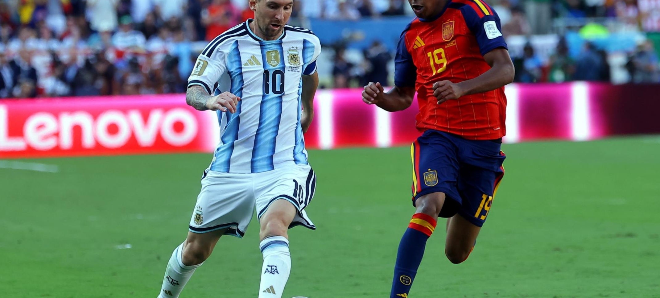 Lionel Messi of Argentina (L) and Lamine Yamal of Spain in action during the FIFA World Cup 2026 final match Spain against Argentina, in New Jersey, USA, 19 July 2026.