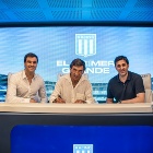 Gustavo Costas, Diego Milito y Sebastián Saja en la renovación de contrato del entrenador.