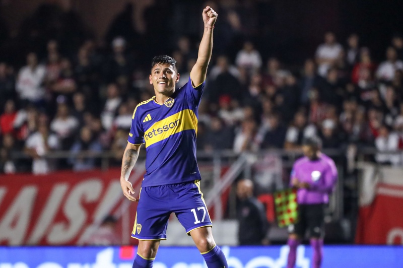 Lozano of Boca Juniors celebrates his goal during the match against Sao Paulo in the second leg of the Copa Sudamericana quarterfinals, at Morumbi Stadium, in the southern zone of Sao Paulo, on Tuesday, September 15, 2026.