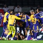 Lozano of Boca Juniors celebrates his goal during the match against Sao Paulo in the second leg of the Copa Sudamericana quarterfinals, at Morumbi Stadium, in the southern zone of Sao Paulo, on Tuesday, September 15, 2026.