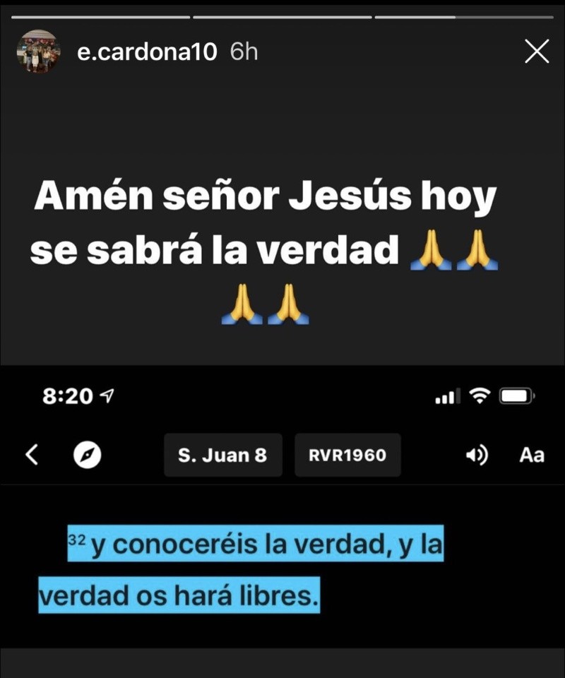 La publicación de Cardona en Instagram La publicación de Cardona en Instagram