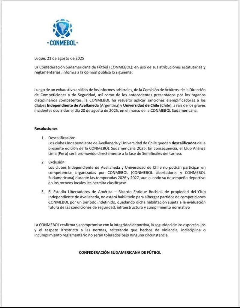 La sanción de Conmebol a Independiente y Universidad de Chile La sanción de Conmebol a Independiente y Universidad de Chile