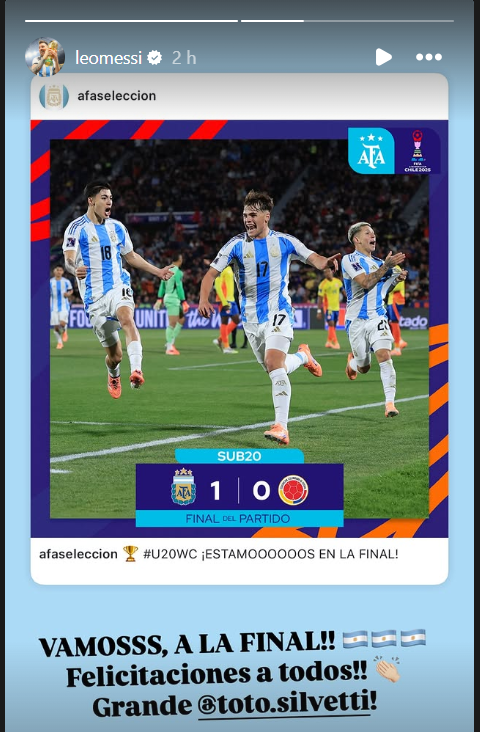 &nbsp;El mensaje de Messi a la Selección Argentina Sub 20 tras vencer a Colombia