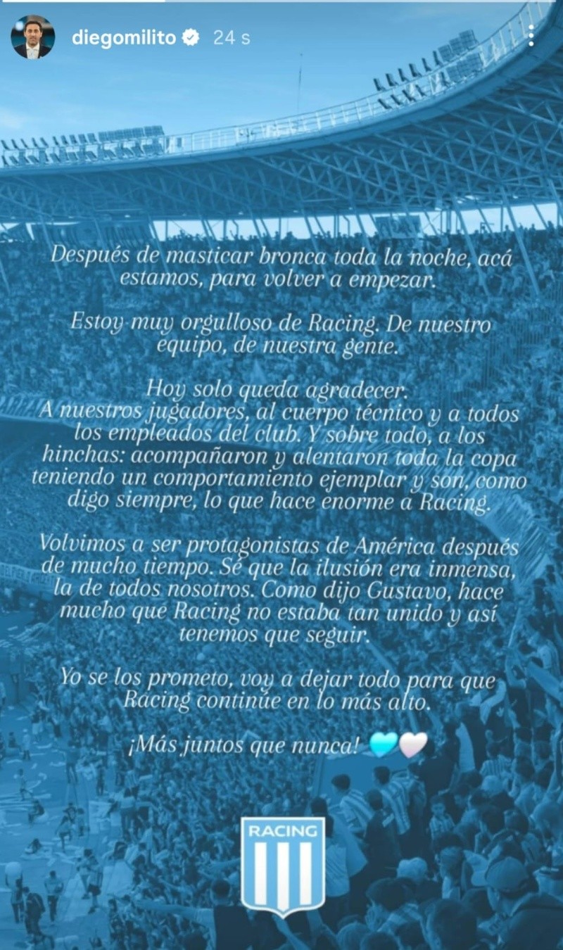 El posteo de Diego Milito tras la caída de Racing