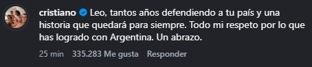 El comentario de CR7 en el posteo de Messi&nbsp;